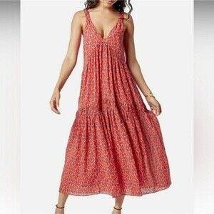 Joie Bondi Maxi Dress Medium Coral Red Print V Neck Sleeveless Tiered Cotton
